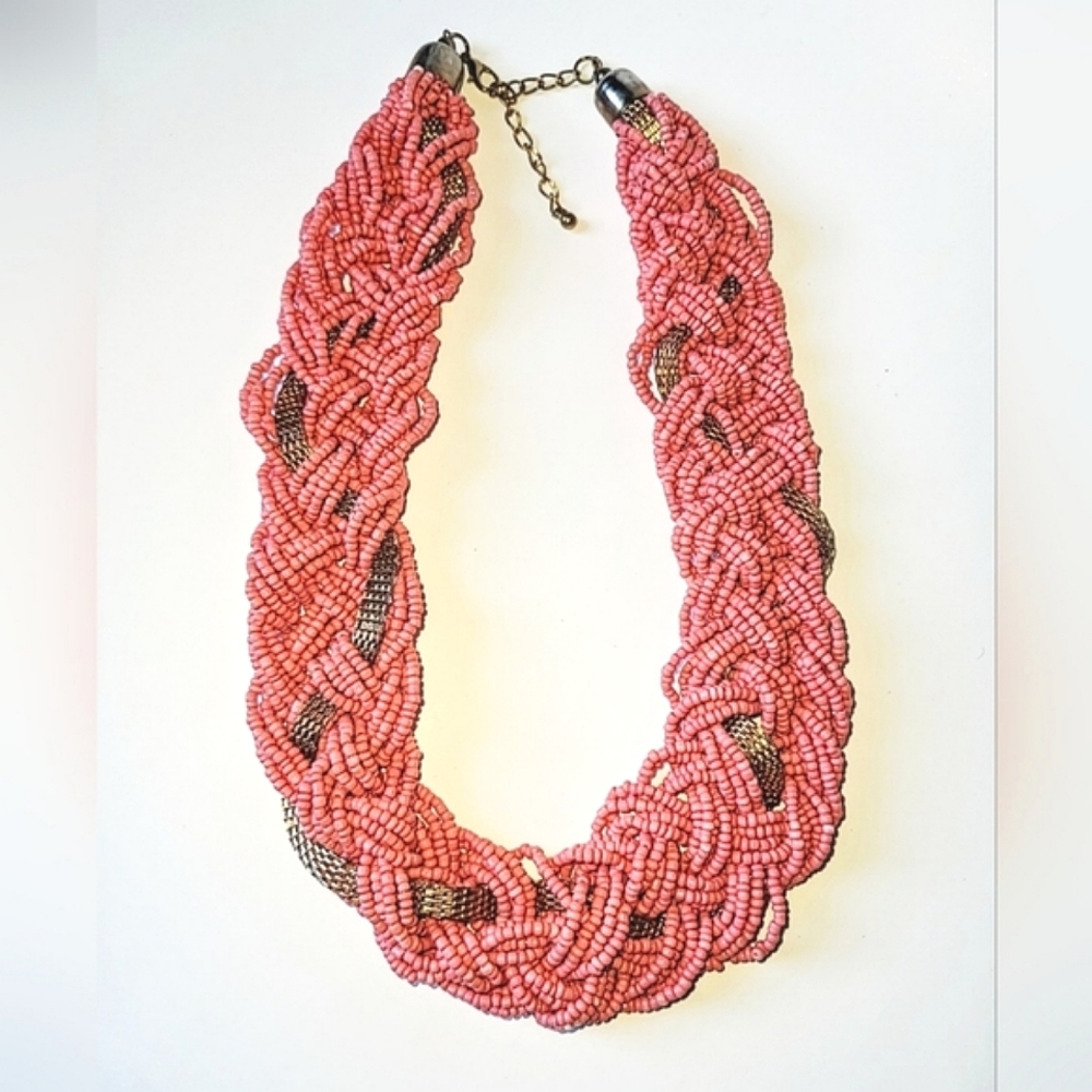 PINKISH CORAL SEED BEAD BRAIDED NECKLACE - ADJUSTABLE TO 22"